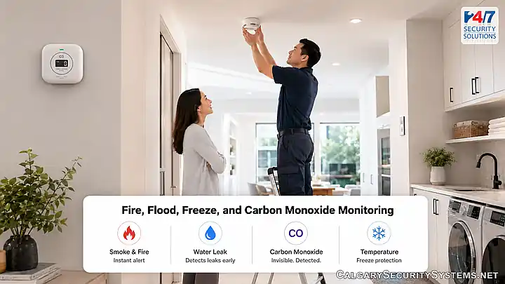Security system monitoring for fire flood freeze and carbon monoxide protection