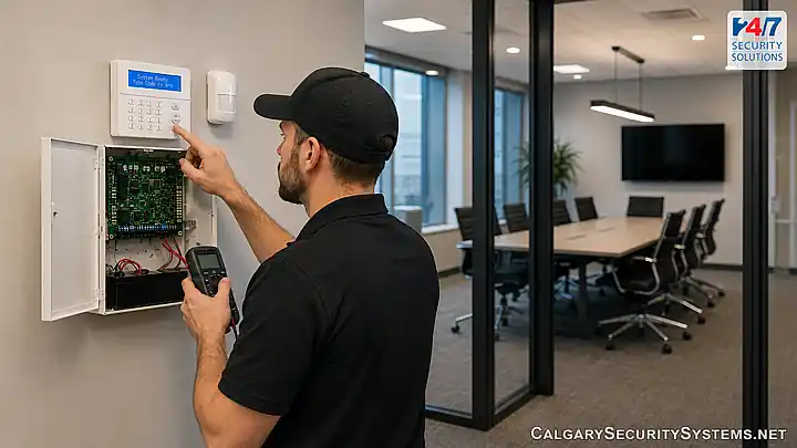 Calgary alarm system technician upgrading and testing security equipment